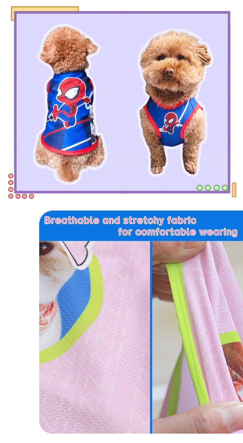 May include: A blue and red dog vest with a Spiderman graphic. The vest is made of a breathable and stretchy fabric. The fabric is pink and has a green trim.