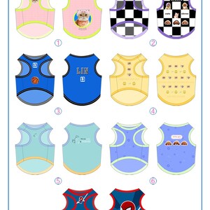 May include: Template for customizable dog vests with different designs. The designs include a basketball, a cat, a checkered pattern, a dog, a cartoon character, and a spider-man. The text on the vests can be customized.