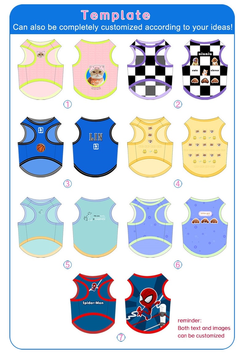 May include: Template for customizable dog vests with different designs. The designs include a basketball, a cat, a checkered pattern, a dog, a cartoon character, and a spider-man. The text on the vests can be customized.