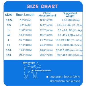 May include: Size chart for dog harnesses, showing back length and chest measurements in inches and corresponding weight in pounds. The chart includes sizes XXS to 3XL.