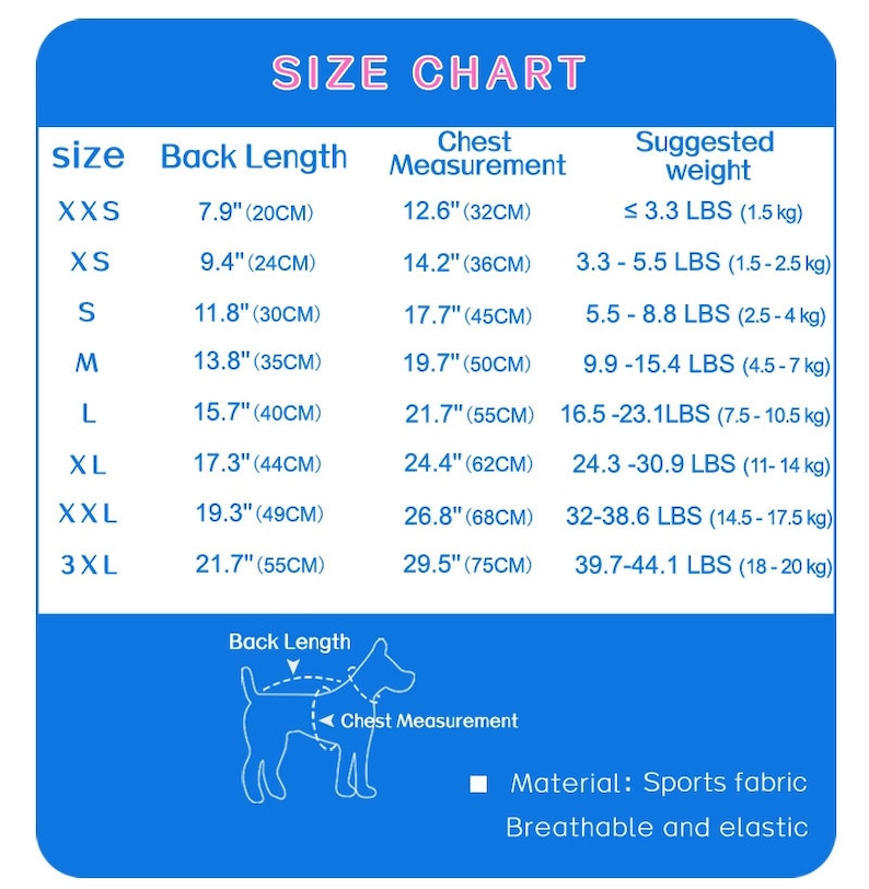 May include: Size chart for dog harnesses, showing back length and chest measurements in inches and corresponding weight in pounds. The chart includes sizes XXS to 3XL.
