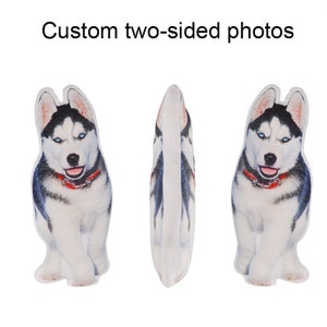 May include: A custom two-sided pillow featuring a black and white husky dog with blue eyes. The pillow is white with a red collar on the dog.