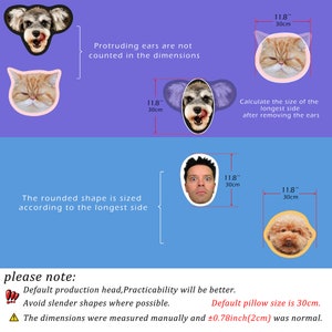 K&ouml;nnte beinhalten: Diagramm, das zeigt, wie man kundenspezifische Kissengr&ouml;&szlig;en misst. Das Diagramm zeigt verschiedene Tierkopfformen mit Ma&szlig;en in Zoll und Zentimetern. Der Text erkl&auml;rt, dass hervorstehende Ohren nicht in den Ma&szlig;en enthalten sind und dass die abgerundeten Formen nach der l&auml;ngsten Seite bemessen werden. Der Text weist auch darauf hin, dass die Standardkissengr&ouml;&szlig;e 30 cm betr&auml;gt und dass die Ma&szlig;e manuell mit einer Toleranz von &plusmn;0,78 Zoll (2 cm) gemessen wurden.