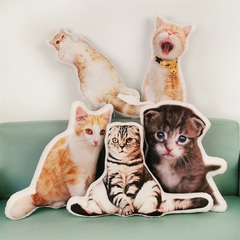 May include: Five cat-shaped pillows with different cat faces printed on them. The pillows are arranged on a light green couch.