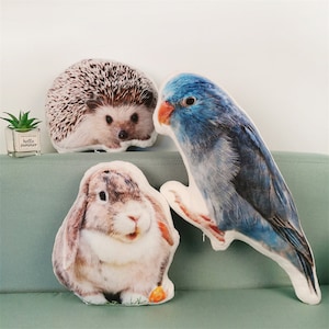 May include: Three plush pillows with animal faces. A brown and white rabbit, a blue and gray bird, and a brown and white hedgehog.