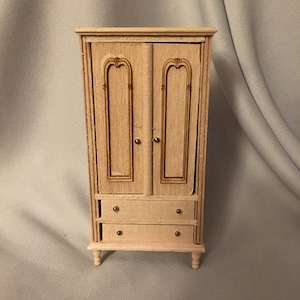 1:24 or 1/2” scale, Wardrobe Armoire, Unfinished wood,