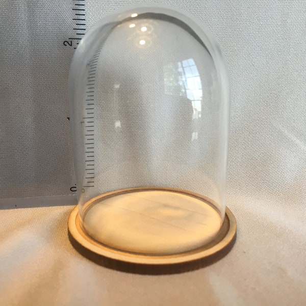 Small Glass dome with wood base, 2 1/2” tall 2 1/8” wide with base