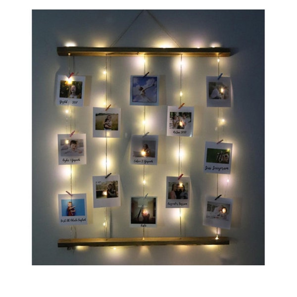 Natural Wooden Photo Board Pre-Lit Wicker Ropes with Free 12 Polaroid Photo Prints, gifts for her, gifts for him, valentine gift