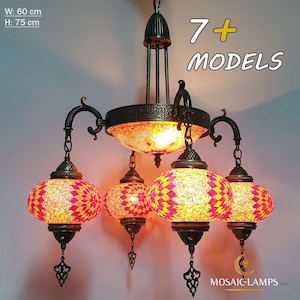 7 Color, 4+1 Globe Candlestick Living Room Chandelier, Handmade Turkish, Moroccan Authentic Mosaic Lamp, Bedroom Pendant Lights