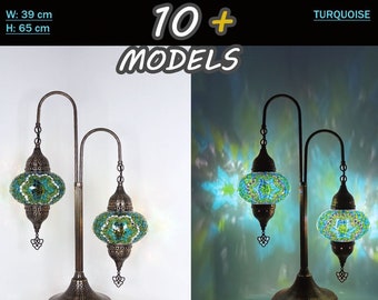 10 couleurs différentes, lampadaire en mosaïque turque à 2 grands globes, éclairage de chevet, métal martelé ottoman