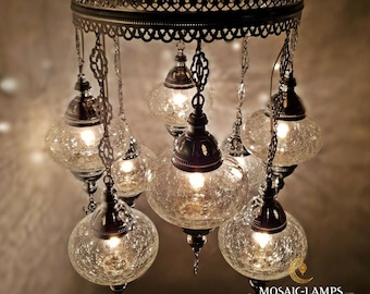 Handmade Moroccan Chandelier, 8 Globe Clear Crackle Glass Lights
