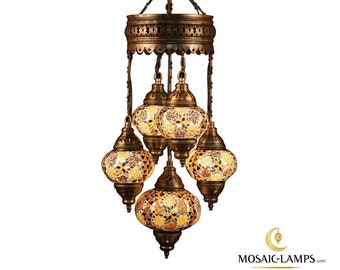 4+1 Globe Turkish Mosaic Sultan Chandelier Set, Handmade Moroccan Hanging Lights, Living Room, Hall, House Entrance Large Ceiling Lamps