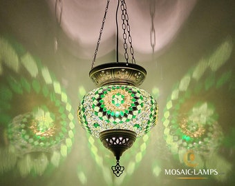 XL Turkish Mosaic Hanging Lamp, Moroccan Handmade Chained Pendant