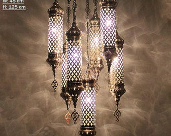 7 Blown Pipe Globe Laser Moroccan Chandelier Sets, Ottoman Lighting Hanging Lamps, Authentic Metal Turkish Lights, Living Room,Bedroom,Hotel