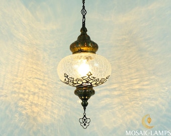 Crackle, Clear Glass Pendant Lamp, Ottoman, Moroccan Ceiling Lighting, X Large Turkish Hanging Lights