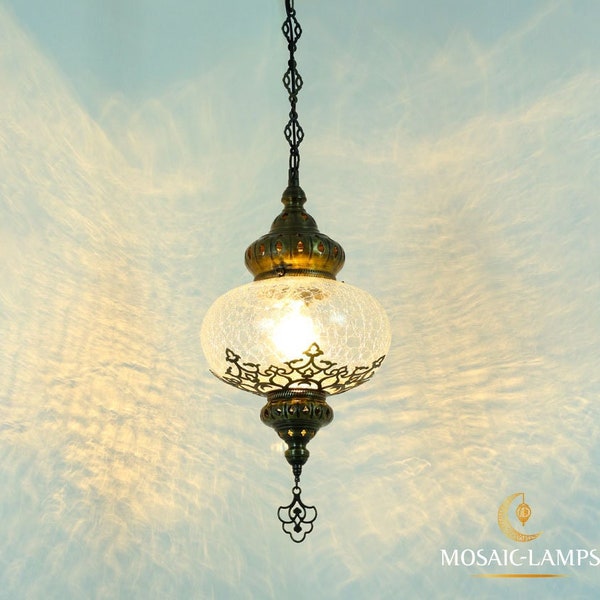 Crackle, Clear Glass Pendant Lamp, Ottoman, Moroccan Ceiling Lighting, X Large Turkish Hanging Lights