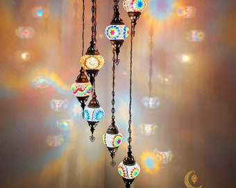 7 Globe Turkish Mosaic Spiral Chandelier, Handmade Pendant Lights