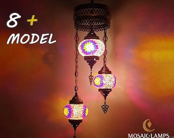 9 Color, 3 Globe Moroccan Spiral Chandelier, Three Medium Ball Living Room Turkish Mosaic Lamp Set, Ottoman Pendant Lights, Restaturant Lamp