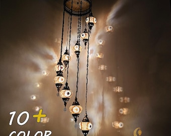 9 Globe Turkish Mosaic Chandelier, Spiral Pendant Lighting
