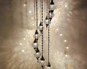 Blown Glass Globe Chandelier: 9-Light Spiral Turkish Pendant