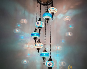 Large Turkish Mosaic Chandelier, 7 Globe Spiral Pendant Light
