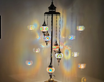 5-Globe Turkish Mosaic Floor Lamp, Handmade Glass, 55 Inch