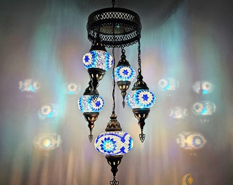 5-Globe Turkish Mosaic Chandelier, Moroccan Hanging Lamp