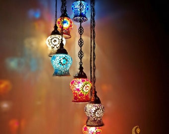 7 Retro Globe Spiral Turkish Chandelier, Living Room Mosaic Spiral Hanging Lamps, Spiral Staircase Chandelier, Living Room Hanging Lights