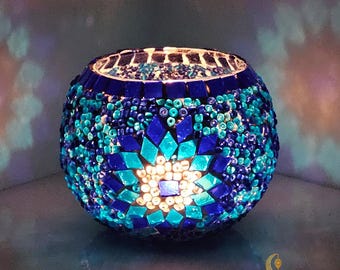 Handcrafted Mosaic Turkish Tealight Candle Holder, Moroccan Style Votive, Tiffany Bohemian Home Decor, Valentine's Day Gift,Yoga Table Decor