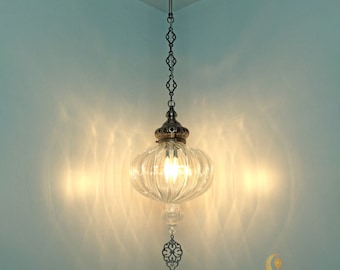 Antique Silver Metal Pendant Light, Optical Glass, Ottoman Handmade