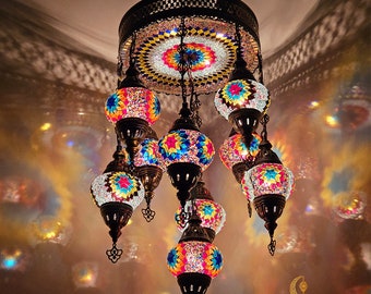 9 + 1 lampadari turchi a mosaico a globo, set di illuminazione a cerchio a mosaico con insediamento misto, lampade a sospensione per soggiorno, luce per camera da letto, luce colorata