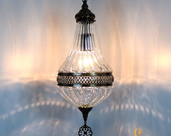 Blown Glass Ottoman Pendant Light, Moroccan Hanging Lamp, Antique Brass Finish