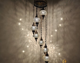 Moroccan Chandelier, Turkish 7 Globe Lamp, Spiral Ottoman Chandelier