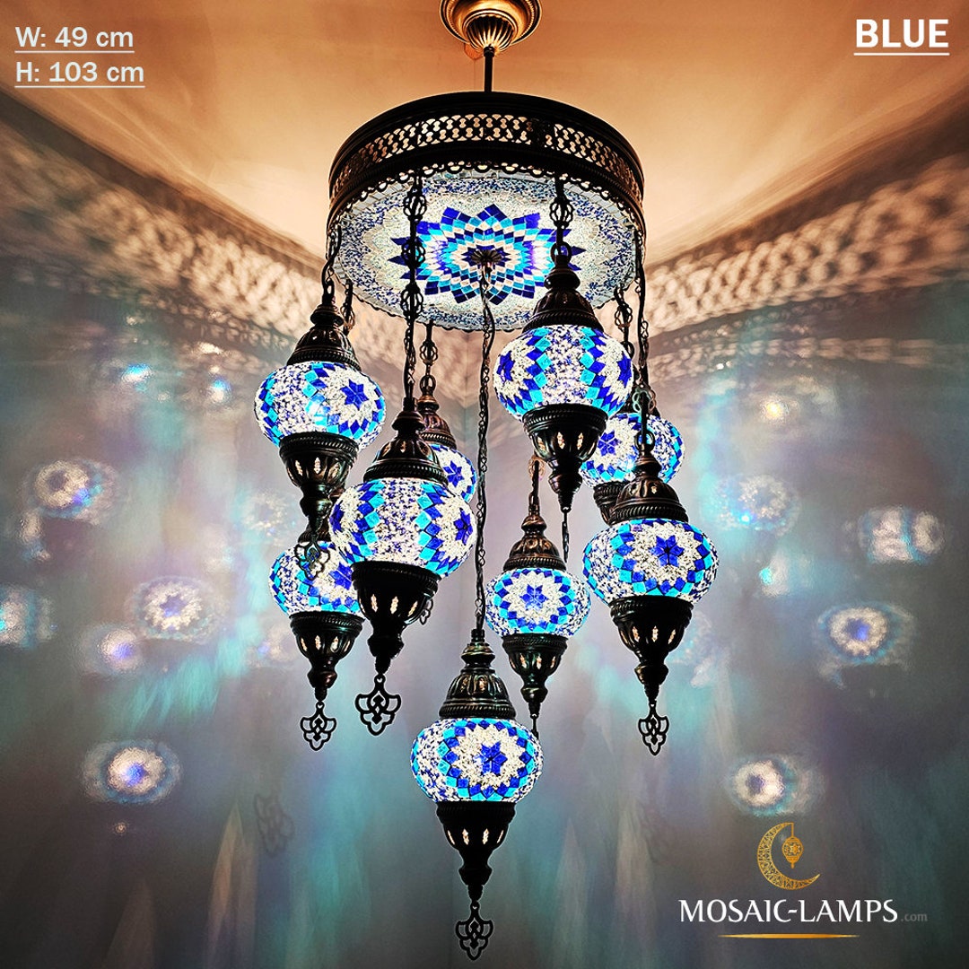 9+1 Globe Mosaic Turkish Chandeliers, Mixed Settlement Mosaic