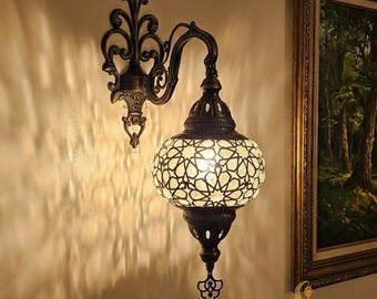 Handmade Ottoman Blown Glass Wall Sconce, Antique Bronze Moroccan Lamp, Boho Bedroom Shadow Lighting