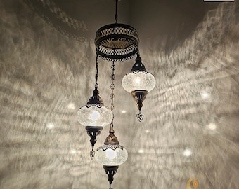 Handmade Moroccan Chandelier, Cracked Glass Globes, Turkish Lamp