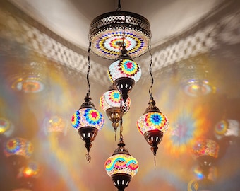 5+1 Globe Mosaic Turkish Chandeliers, Mixed Settlement Mosaic Circle Lighting Sets, Living Room Hanging Lamps, Bedroom Light, Colorful Light