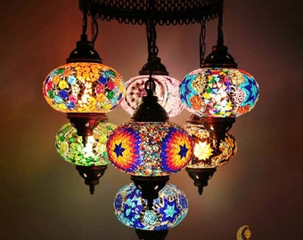 7 lampadari Globe Sultan turco, lampade a sospensione a mosaico fatte a mano marocchine a sfera grande, lampadario soggiorno, plafoniere ristorante