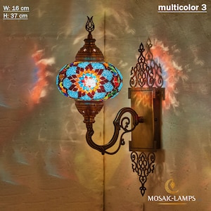 Mosaik vägglampa, antik brons turkisk lampa, flerfärgat glas