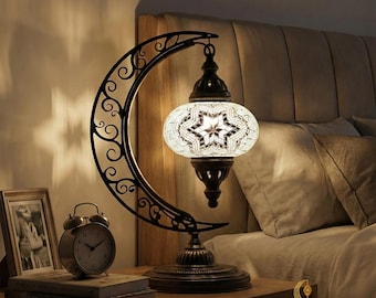 Moroccan Mosaic Moon Table Lamp, Crescent Desk Light