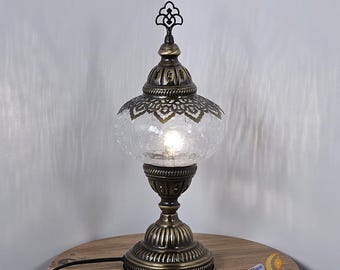 Crackle Glass Table Lamp, Bronze Ottoman Moroccan Nightlight