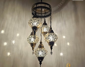 5 Globe Turkish Chandelier: Handmade Blown Glass Ottoman Pendant Light