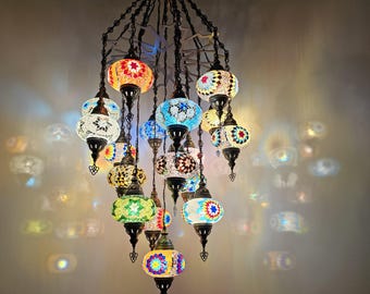 Large Moroccan Chandelier, Multicolor Mosaic Globe Lamps, Turkish Hanging Light