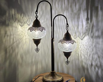 Ottoman Hammered Metal Table Lamp, Clear Crackle Glass Globes