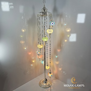 Silver Metal 9 Globe Turkish Floor Lamps, Living Room Bedside Floor Lights, Bedroom Floor Lighting, Handmade Mosaic Ball Gray Floor Lamp