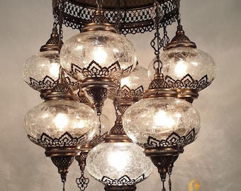 9 Globe Ottoman Chandelier, Clear Crackle Globe Mixed Chandelier, Living Room Lights, Kitchen And Dining Lamp, Moroccan Stair Lighting