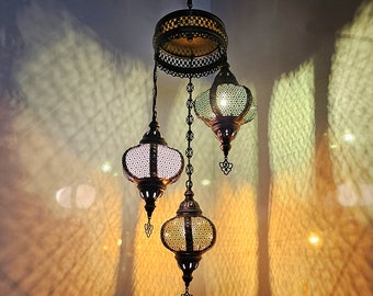 Handmade Syrian Globe Chandelier, Cage Metal Restaurant Lights, Set of 3