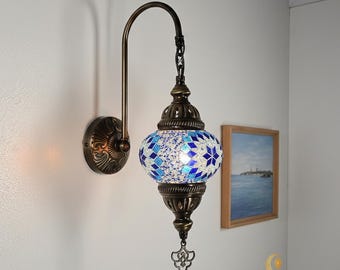 Turkish Mosaic Swanneck Wall Lamp, Traditional Gooseneck Lighting