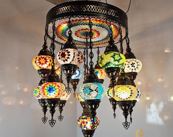 17+1 Handmade Globe Turkish Mosaic Chandelier Sets, Restaurant Chandeliers, Cafe, Bar, Hall, Tiffany Lights, Big Lightings, Murano Lamps