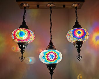 3-Globe Turkish Mosaic Chandelier, Kitchen Island Lighting